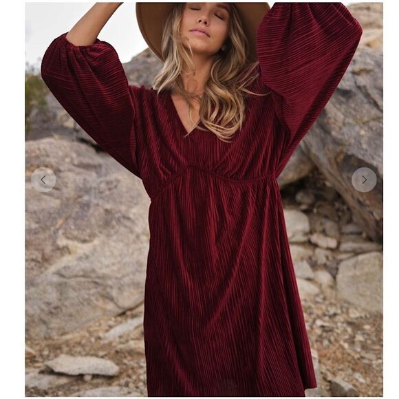 Stunning Boho Chic Rich Wine Red Velvet Ribbed V-Neck Long Sleeve Dress Large - Picture 6 of 6